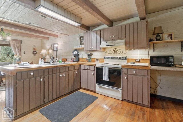 2 Star Falls Ln, Cherokee Village, AR 72529 - kitchen featuring black microwave, open shelves, under cabinet range hood, a sink, and white range with electric cooktop