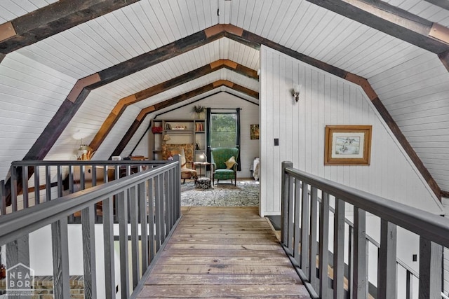 2 Star Falls Ln, Cherokee Village, AR 72529 - hallway with vaulted ceiling with beams, an upstairs landing, and wood finished floors
