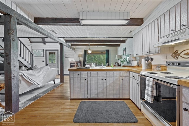 2 Star Falls Ln, Cherokee Village, AR 72529 - kitchen with electric range, a peninsula, under cabinet range hood, light wood finished floors, and beam ceiling