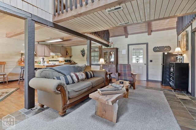2 Star Falls Ln, Cherokee Village, AR 72529 - living area with wood ceiling, wooden walls, beam ceiling, and dark wood-style flooring