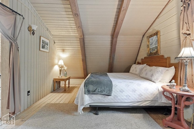 2 Star Falls Ln, Cherokee Village, AR 72529 - bedroom featuring wooden walls, vaulted ceiling with beams, and hardwood / wood-style flooring