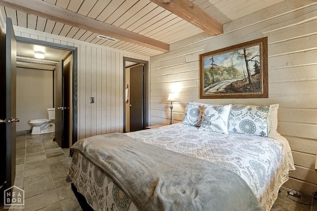 2 Star Falls Ln, Cherokee Village, AR 72529 - bedroom featuring wood walls, ensuite bathroom, wooden ceiling, and beam ceiling