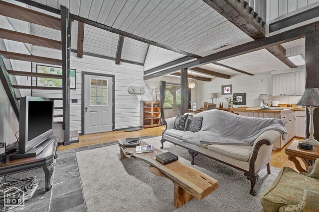 2 Star Falls Ln, Cherokee Village, AR 72529 - living area with wooden walls, visible vents, light wood-type flooring, and beam ceiling