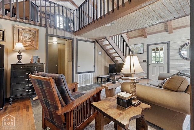 2 Star Falls Ln, Cherokee Village, AR 72529 - living area with a high ceiling, stairs, beam ceiling, wood-type flooring, and wood ceiling
