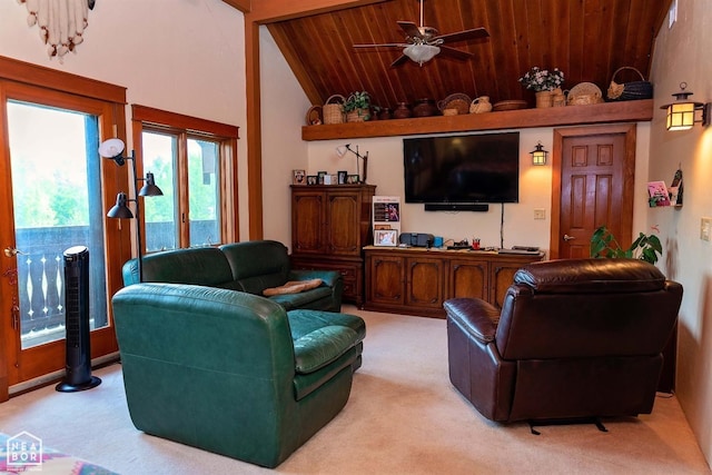  - living area featuring wooden ceiling, carpet, vaulted ceiling, and a ceiling fan