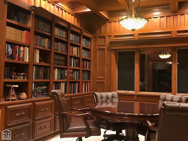  - sitting room featuring ornamental molding, beam ceiling, coffered ceiling, and wood walls