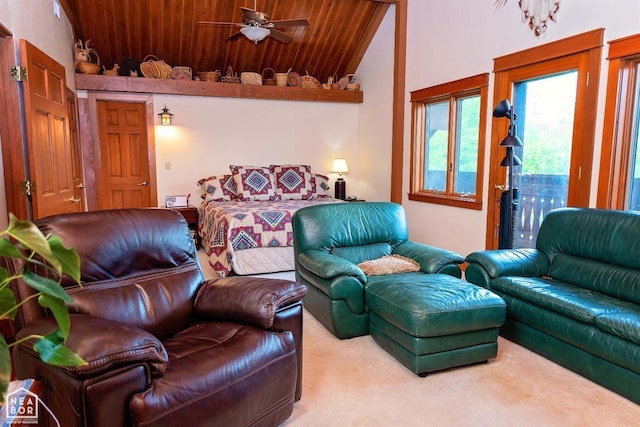  - bedroom with carpet floors, wood ceiling, access to outside, and lofted ceiling