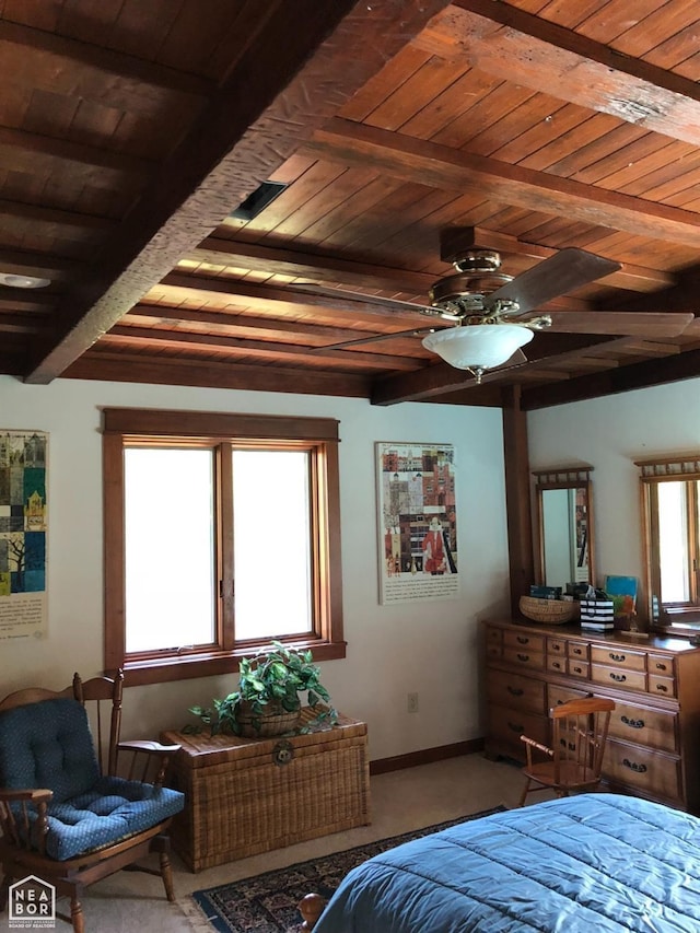  - bedroom with wood ceiling, carpet flooring, beamed ceiling, and baseboards