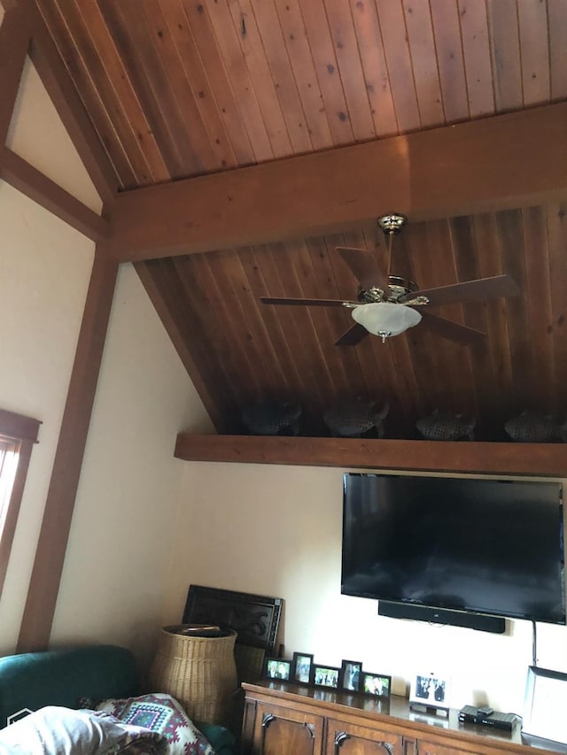  - interior space with wood ceiling, vaulted ceiling with beams, and a ceiling fan