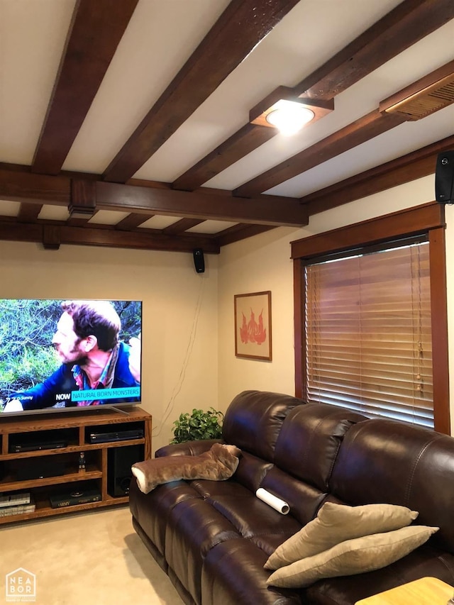  - cinema room featuring visible vents, beamed ceiling, and carpet floors