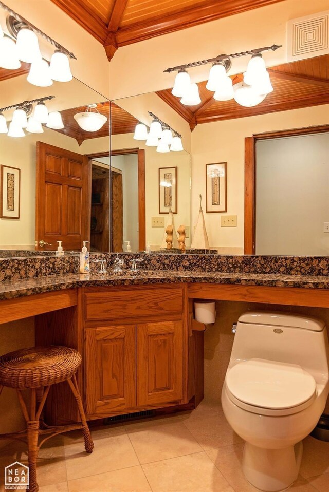 - bathroom with vanity, tile patterned floors, crown molding, toilet, and visible vents