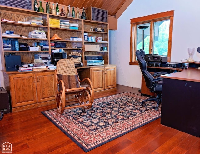  - office area with dark wood-type flooring and vaulted ceiling