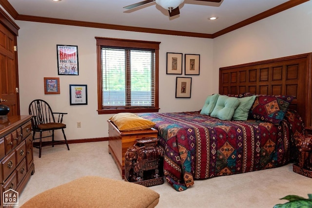  - bedroom featuring baseboards, a ceiling fan, crown molding, recessed lighting, and light carpet