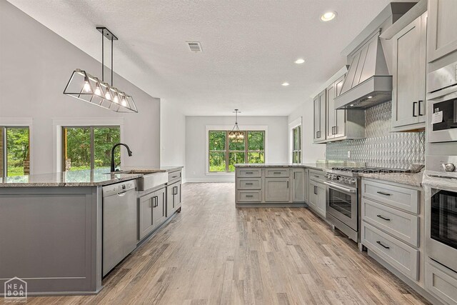 kitchen featuring light wood-type flooring, gray cabinets, a sink, stainless steel appliances, and premium range hood