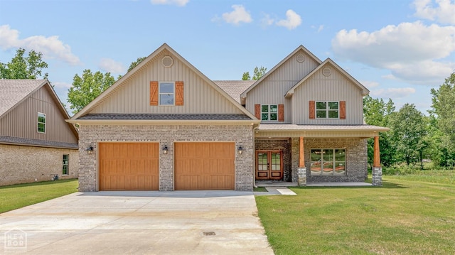 craftsman-style home featuring brick siding, a front lawn, an attached garage, and concrete driveway