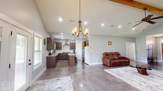 118 E Hills Dr, Bono, AR 72416 - living room featuring high vaulted ceiling, concrete flooring, a chandelier, recessed lighting, and beam ceiling
