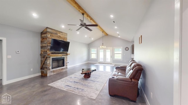 118 E Hills Dr, Bono, AR 72416 - living area with beam ceiling, a stone fireplace, concrete flooring, ceiling fan, and high vaulted ceiling