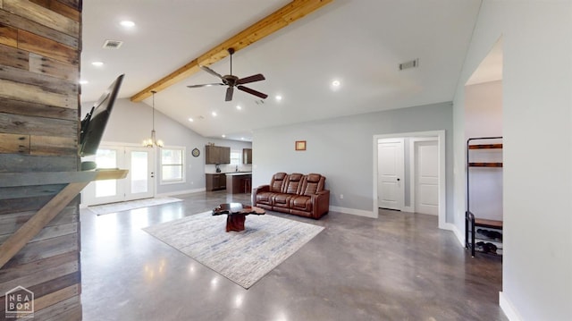 118 E Hills Dr, Bono, AR 72416 - living area featuring beamed ceiling, concrete flooring, ceiling fan, recessed lighting, and a chandelier