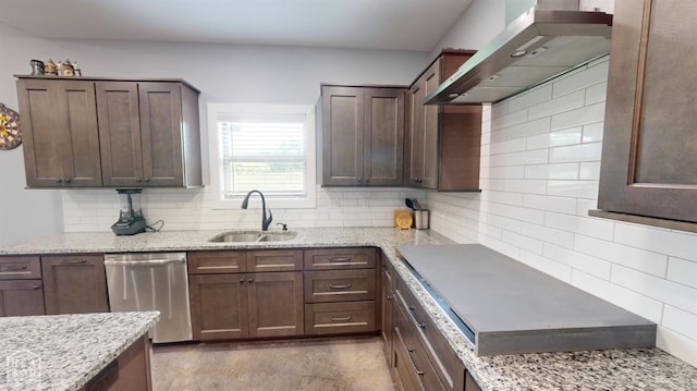 118 E Hills Dr, Bono, AR 72416 - kitchen featuring dishwasher, wall chimney exhaust hood, decorative backsplash, and light stone countertops