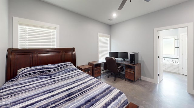 118 E Hills Dr, Bono, AR 72416 - bedroom featuring finished concrete floors, ceiling fan, recessed lighting, an office area, and connected bathroom