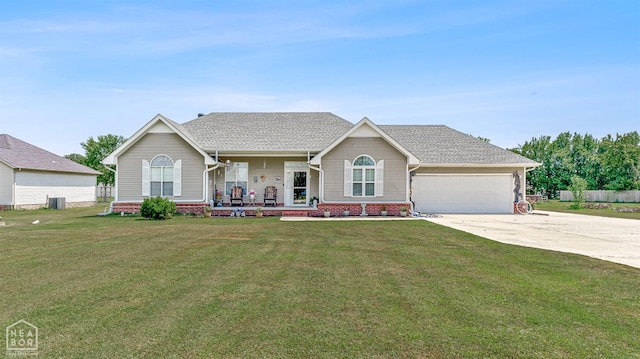 ranch-style home with a front yard, central AC unit, a garage, and driveway
