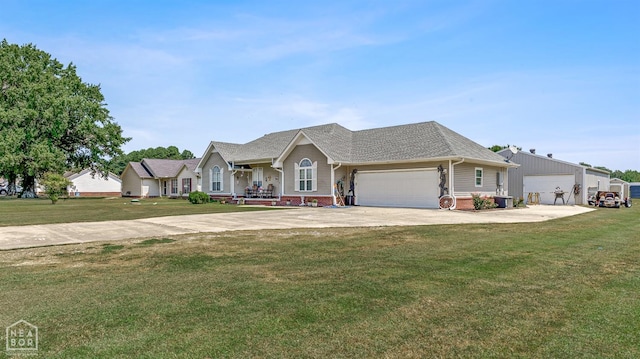 ranch-style house with a front yard, a shingled roof, and driveway