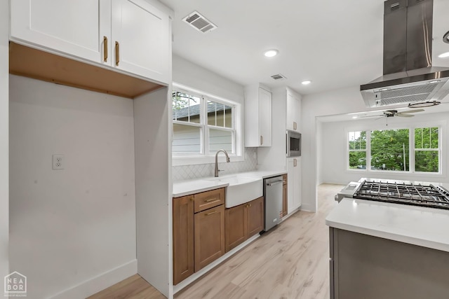 kitchen with visible vents, island range hood, a sink, light wood finished floors, and stainless steel appliances