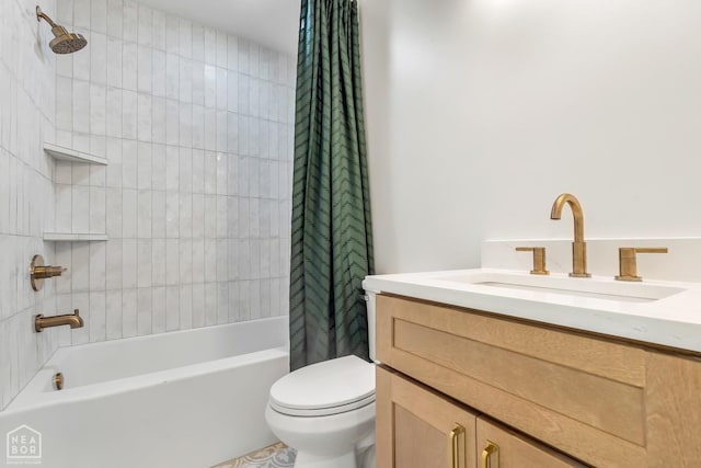 bathroom with vanity, toilet, and shower / tub combo with curtain