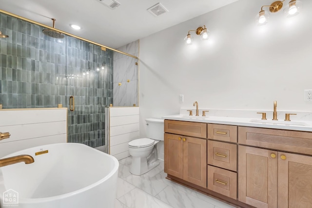 bathroom with visible vents, a sink, marble finish floor, and a stall shower