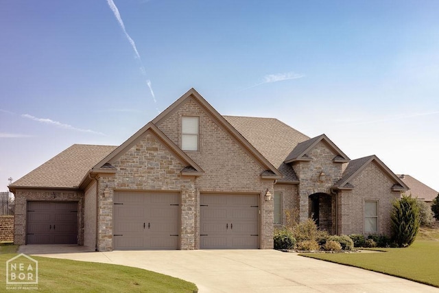 view of front of property with brick siding, an attached garage, driveway, and a front lawn