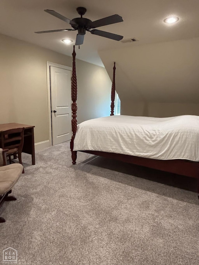 bedroom with visible vents, a ceiling fan, carpet, recessed lighting, and lofted ceiling