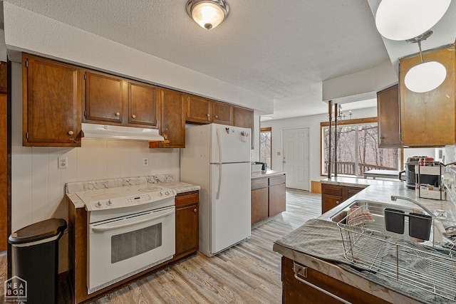 kitchen with brown cabinetry, light countertops, light wood-style floors, under cabinet range hood, and white appliances