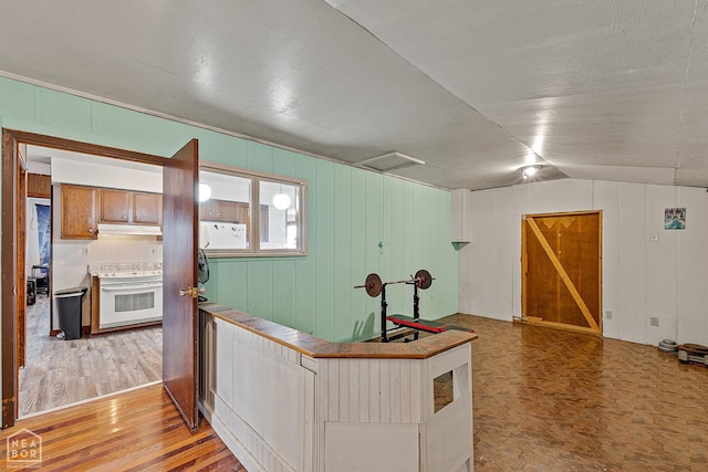 interior space featuring wood walls, light wood finished floors, and lofted ceiling