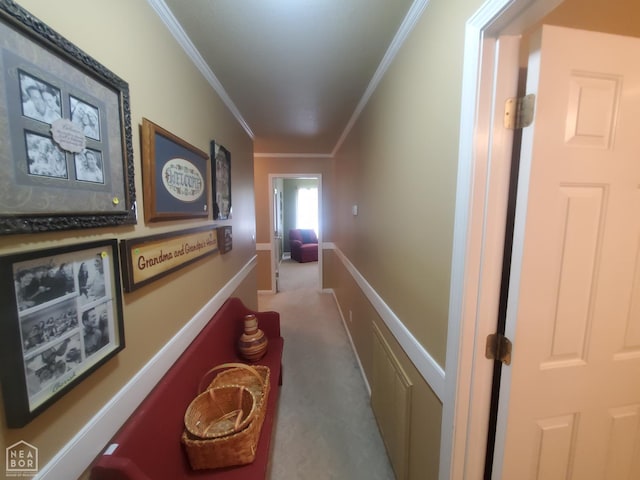 2590 W N St, Piggott, AR 72454 - hallway with ornamental molding, carpet flooring, and an upstairs landing