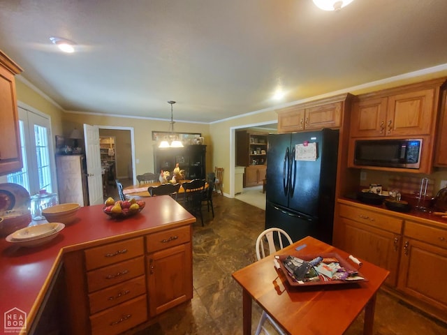 2590 W N St, Piggott, AR 72454 - kitchen featuring black appliances, ornamental molding, pendant lighting, and brown cabinetry
