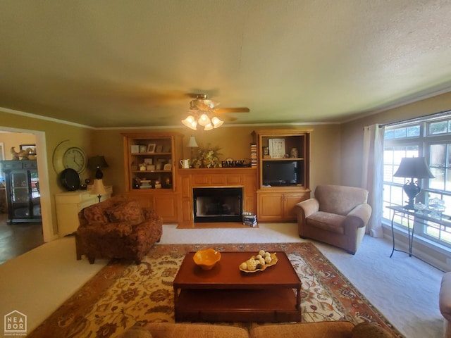 2590 W N St, Piggott, AR 72454 - living room with a fireplace, ornamental molding, ceiling fan, and light colored carpet