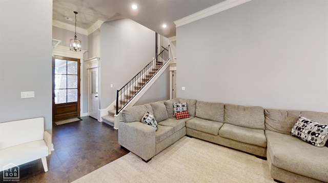 6509 Merrell Dr, Jonesboro, AR 72404 - living area with crown molding, stairway, recessed lighting, and baseboards