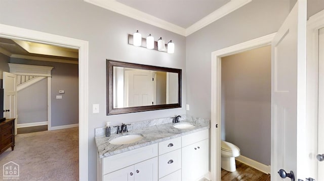 6509 Merrell Dr, Jonesboro, AR 72404 - bathroom with double vanity, toilet, crown molding, and baseboards