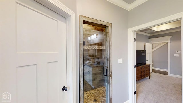 6509 Merrell Dr, Jonesboro, AR 72404 - bathroom with a stall shower and ornamental molding