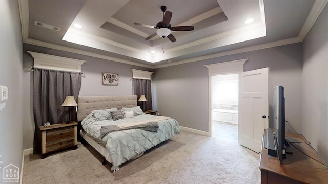 6509 Merrell Dr, Jonesboro, AR 72404 - bedroom with a tray ceiling, ornamental molding, light colored carpet, baseboards, and recessed lighting