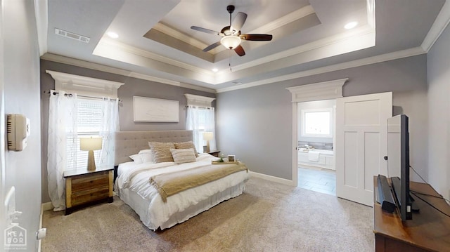 6509 Merrell Dr, Jonesboro, AR 72404 - bedroom with light carpet, a raised ceiling, crown molding, connected bathroom, and ceiling fan