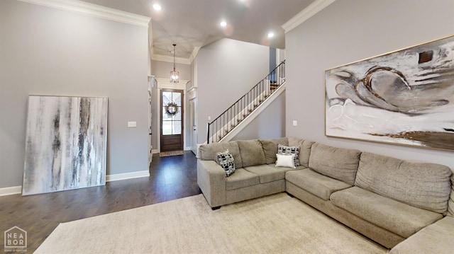 6509 Merrell Dr, Jonesboro, AR 72404 - living room with crown molding, wood finished floors, recessed lighting, and stairs