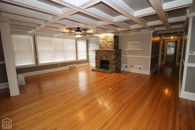 unfurnished living room featuring light wood-style flooring, visible vents, coffered ceiling, and ceiling fan