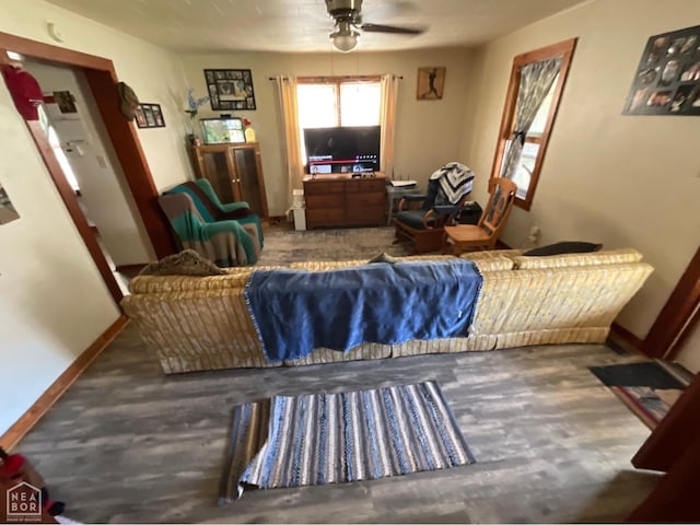 605 N 3rd St N, Paragould, AR 72450 - living room with ceiling fan, wood finished floors, and baseboards