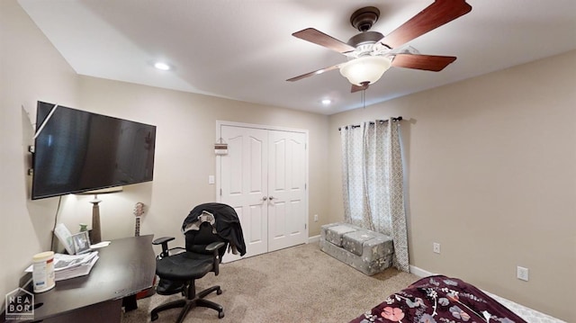 334 Linda St, Bono, AR 72416 - home office with recessed lighting, carpet, baseboards, and a ceiling fan