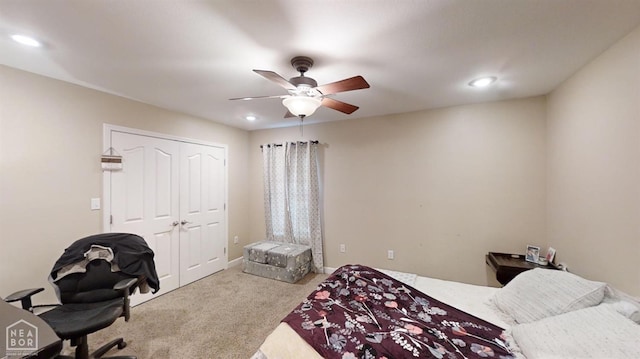 334 Linda St, Bono, AR 72416 - bedroom with baseboards, a closet, recessed lighting, carpet flooring, and a ceiling fan