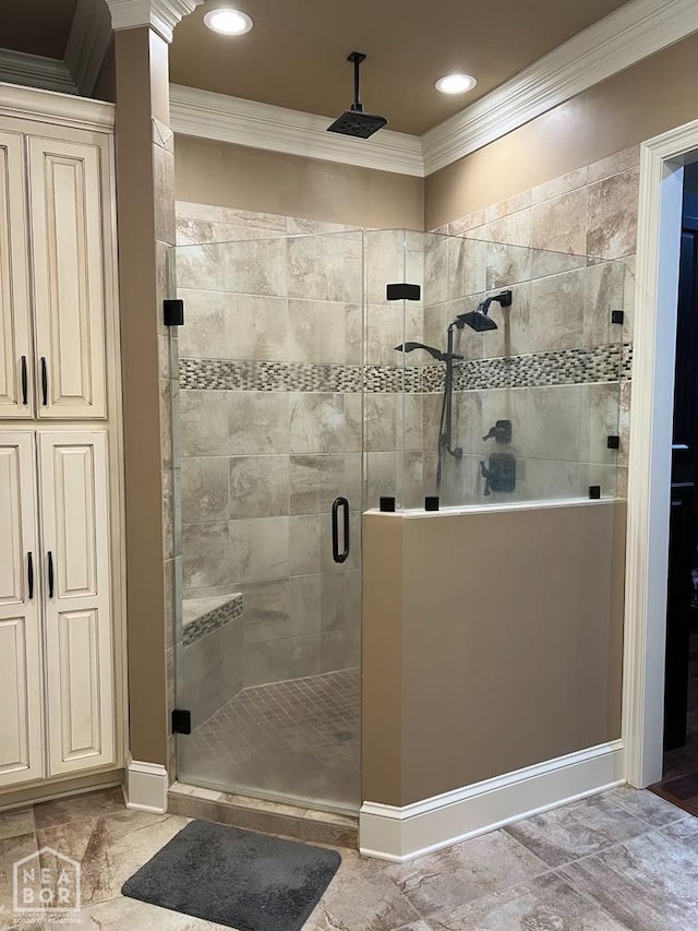 full bath with crown molding and a stall shower