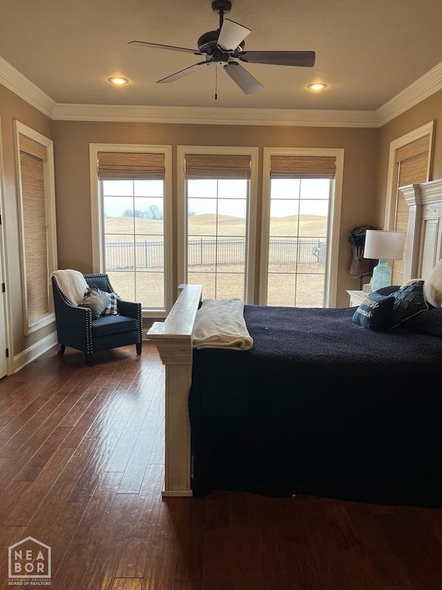 bedroom featuring crown molding, ceiling fan, access to outside, and dark wood-style floors