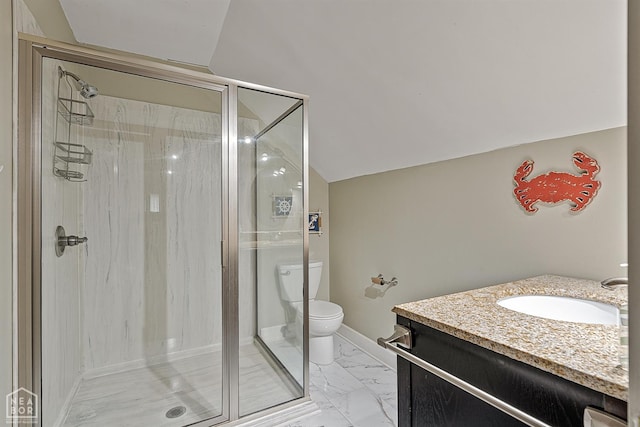 2203 Rankin Cir, Jonesboro, AR 72404 - bathroom featuring vanity, toilet, a shower stall, marble look tiles, and vaulted ceiling
