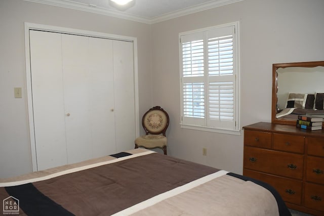 bedroom featuring a closet and ornamental molding